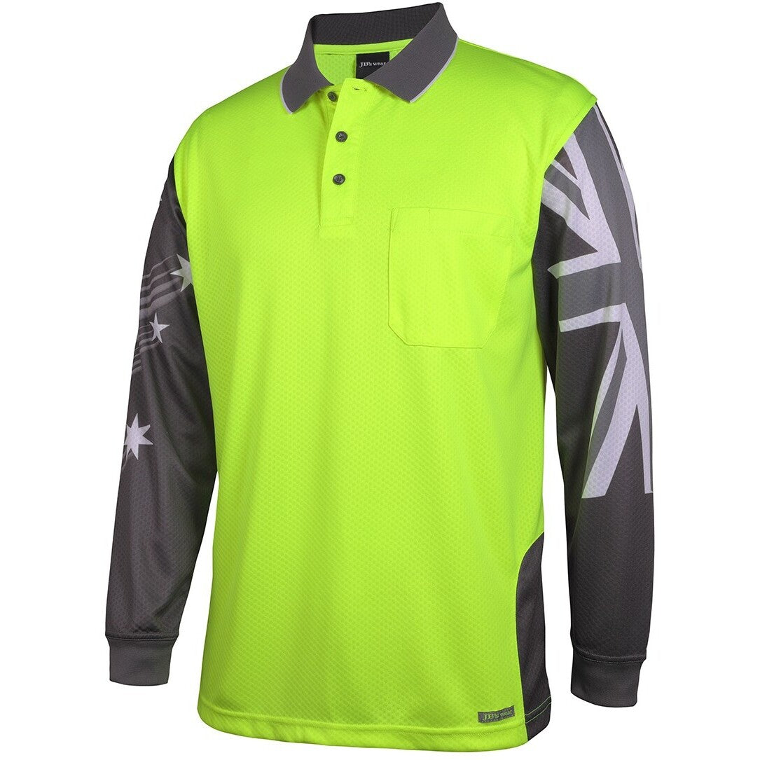 JB's Wear 6HSCL Hi Vis L/S Southern Cross Polo - Side View | color:Lime/Charcoal|view:side