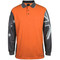 JB's Wear 6HSCL Hi Vis L/S Southern Cross Polo - Front View | color:Orange/Charcoal|view:front