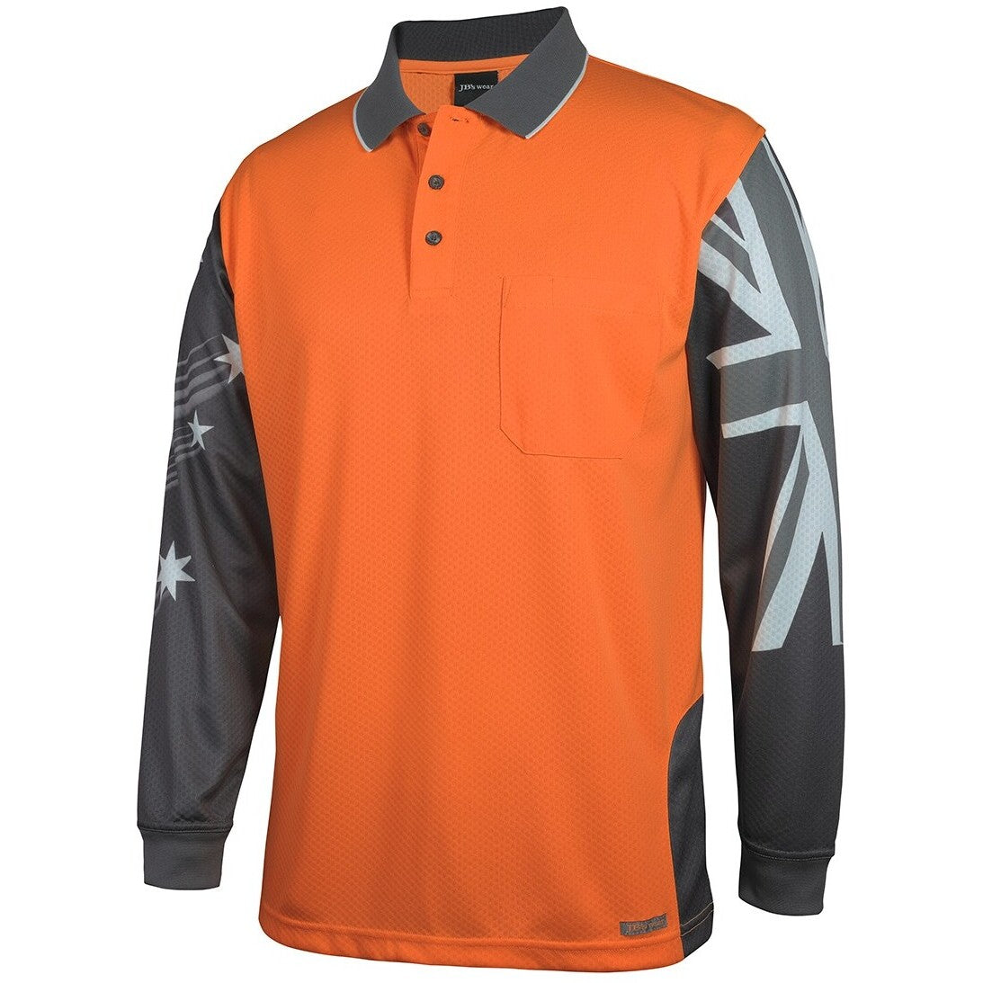 JB's Wear 6HSCL Hi Vis L/S Southern Cross Polo - Side View | color:Orange/Charcoal|view:side