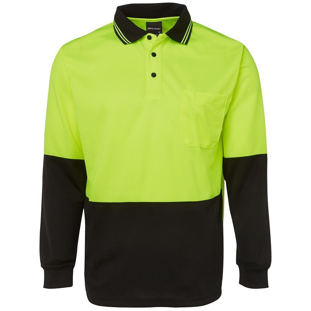JB's Wear 6HVPL Hi Vis L/S Traditional Polo - Front View | color:Lime/Black|view:front