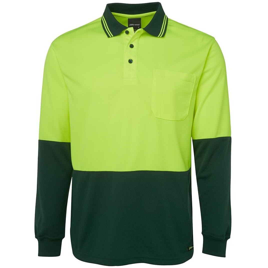 JB's Wear 6HVPL Hi Vis L/S Traditional Polo - Front View | color:Lime/Bottle|view:front