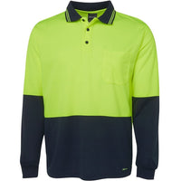JB's Wear 6HVPL Hi Vis L/S Traditional Polo - Front View | color:Lime/Navy|view:front