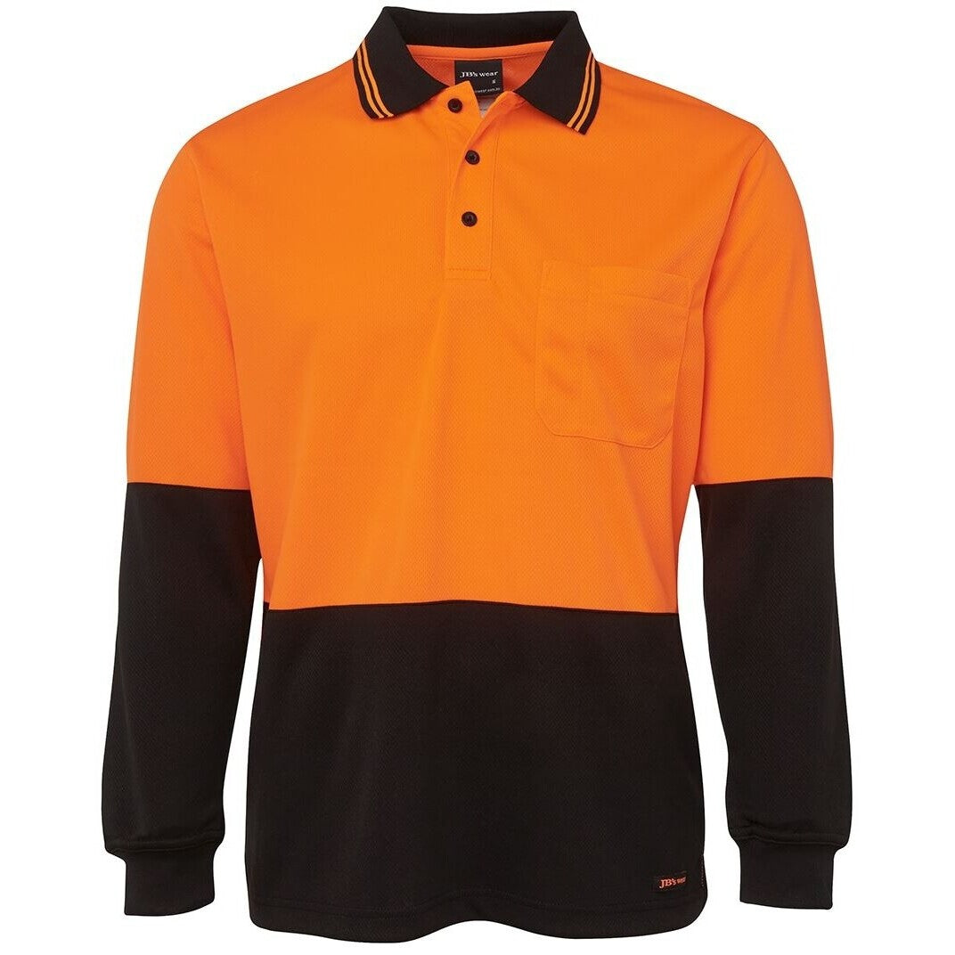 JB's Wear 6HVPL Hi Vis L/S Traditional Polo - Front View | color:Orange/Black|view:front
