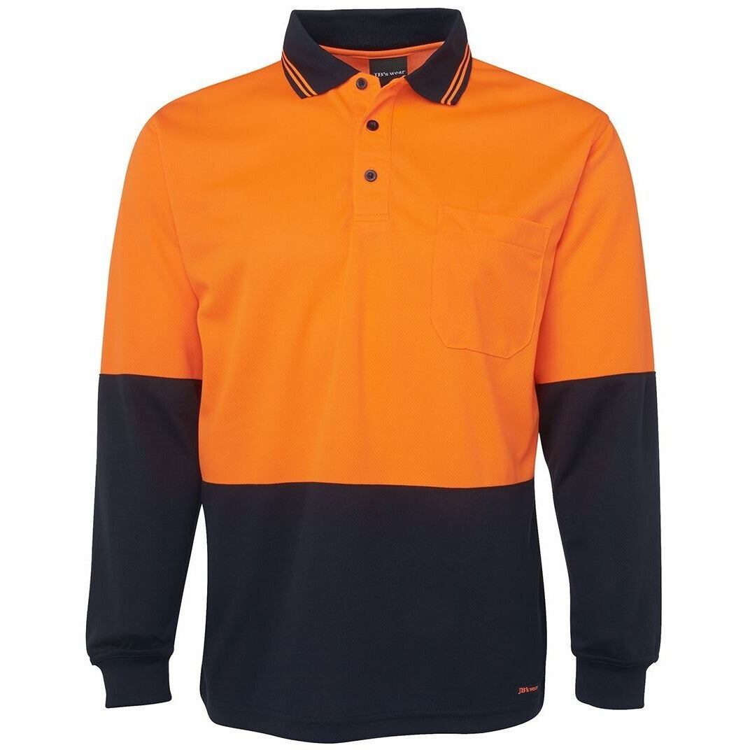 JB's Wear 6HVPL Hi Vis L/S Traditional Polo - Front View | color:Orange/Navy|view:front