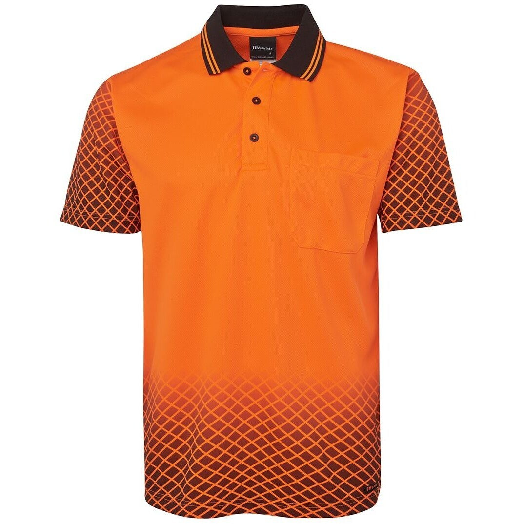 JB's Wear 6HVNS Hi Vis Net Sub Polo - Front View | color:Orange/Black|view:front