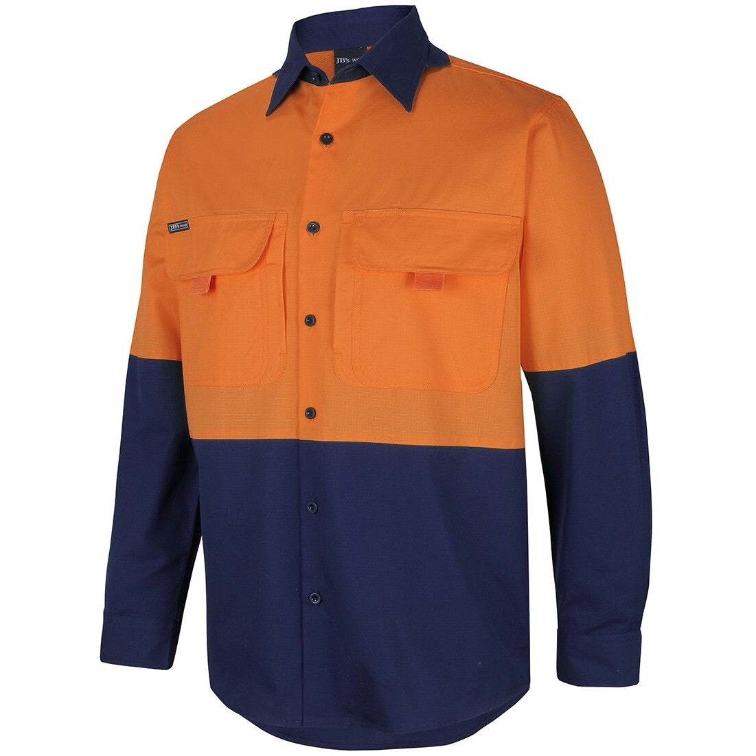 JB's Wear 6HNRL Hi Vis Ripstop L/S Fishing Shirt - Side View | color:Orange/Navy|view:side