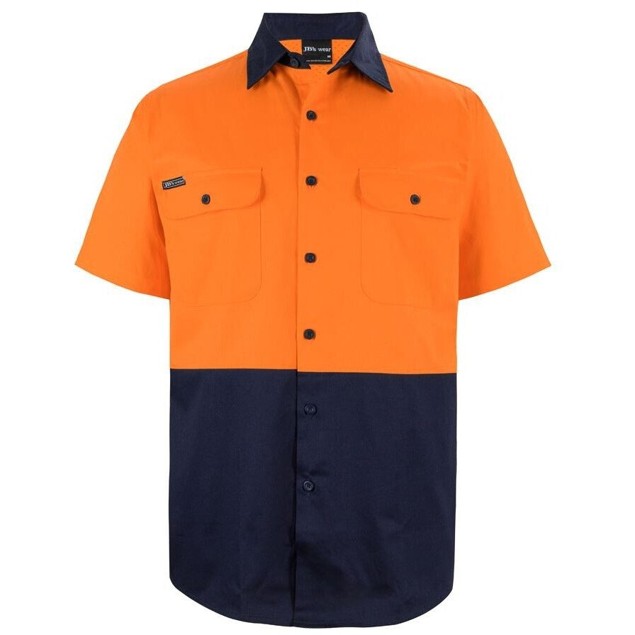 JB's Wear 6HWSS Hi Vis S/S 150G Work Shirt - Front View | color:Orange/Navy|view:front