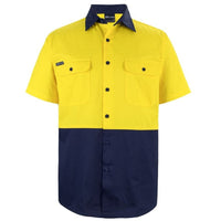 JB's Wear 6HWSS Hi Vis S/S 150G Work Shirt - Front View | color:Yellow/Navy|view:front