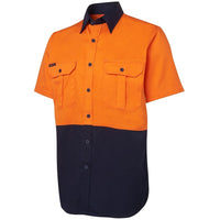JB's Wear 6HWS Hi Vis S/S 190G Work Shirt - Side View | color:Orange/Navy|view:side