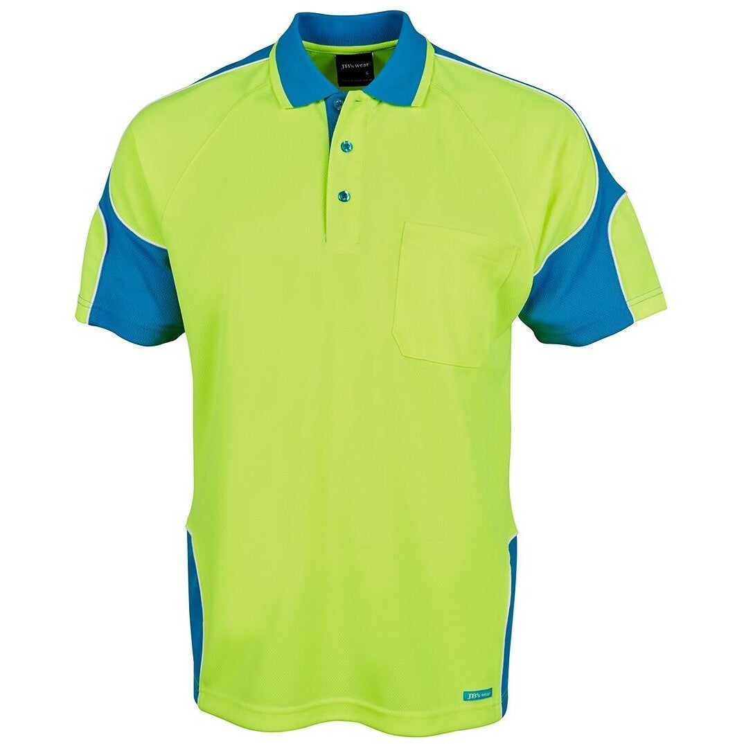 JB's Wear 6AP4S Hi Vis S/S Arm Panel Polo - Front View | color:Lime/Aqua|view:front