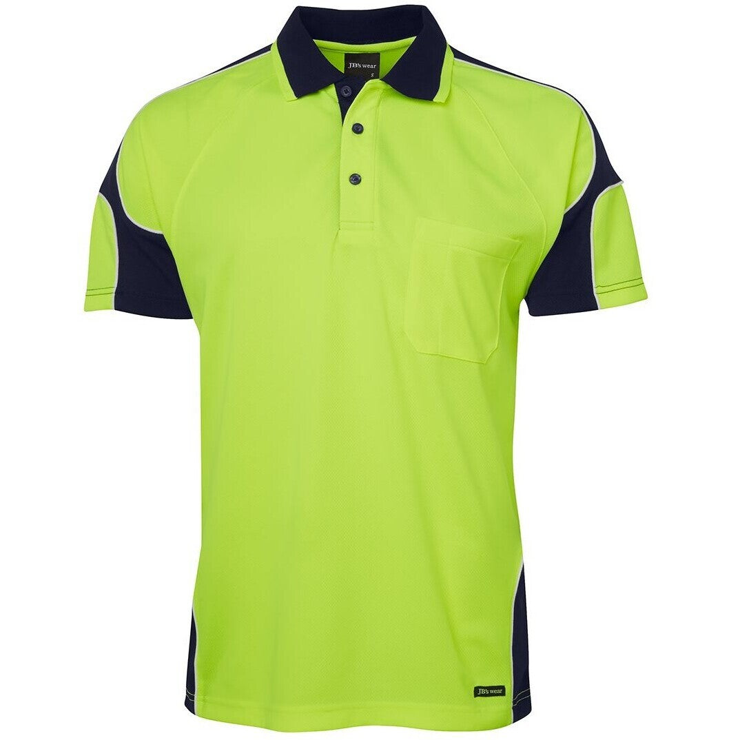 JB's Wear 6AP4S Hi Vis S/S Arm Panel Polo - Front View | color:Lime/Navy|view:front