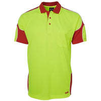 JB's Wear 6AP4S Hi Vis S/S Arm Panel Polo - Front View | color:Lime/Red|view:front