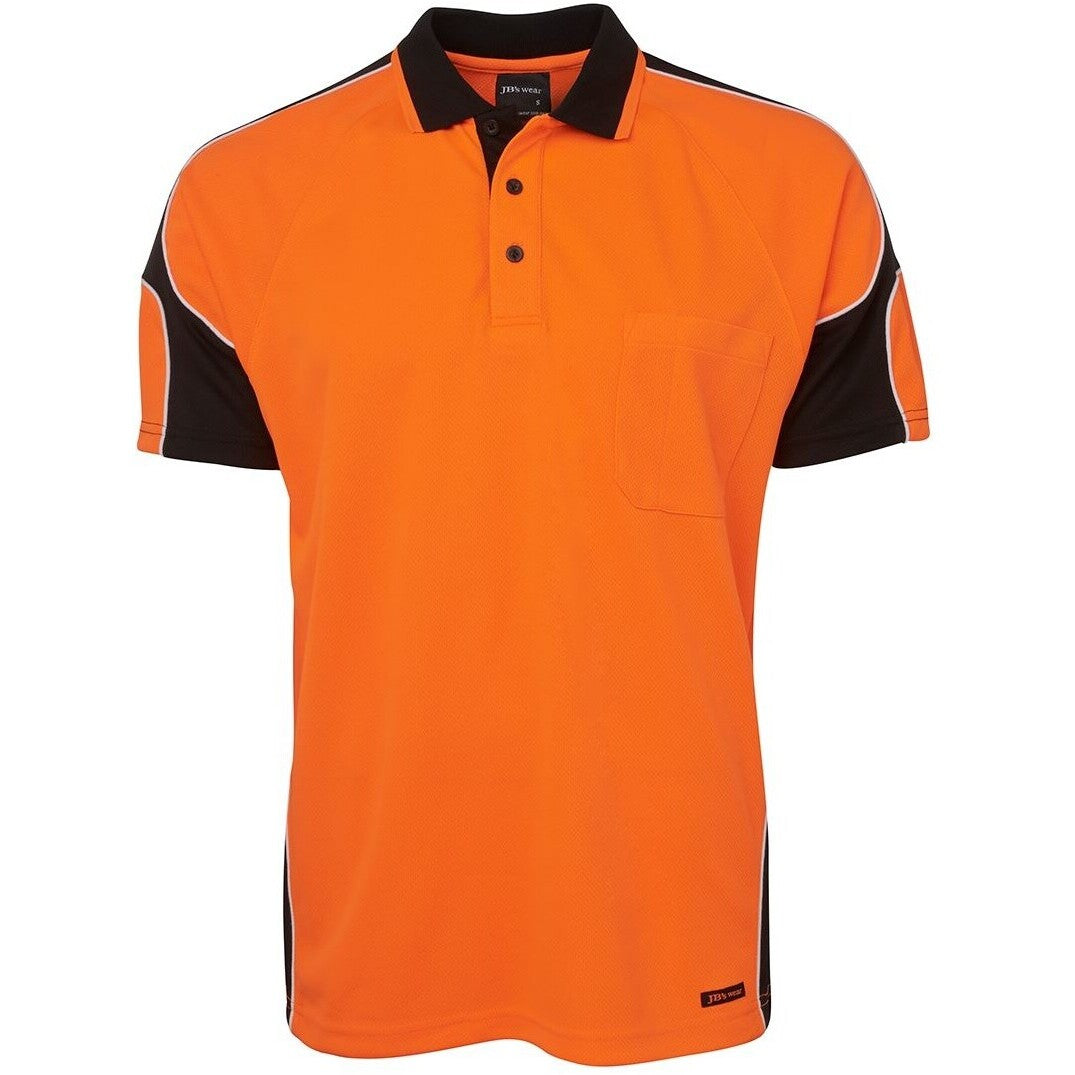 JB's Wear 6AP4S Hi Vis S/S Arm Panel Polo - Front View | color:Orange/Black|view:front
