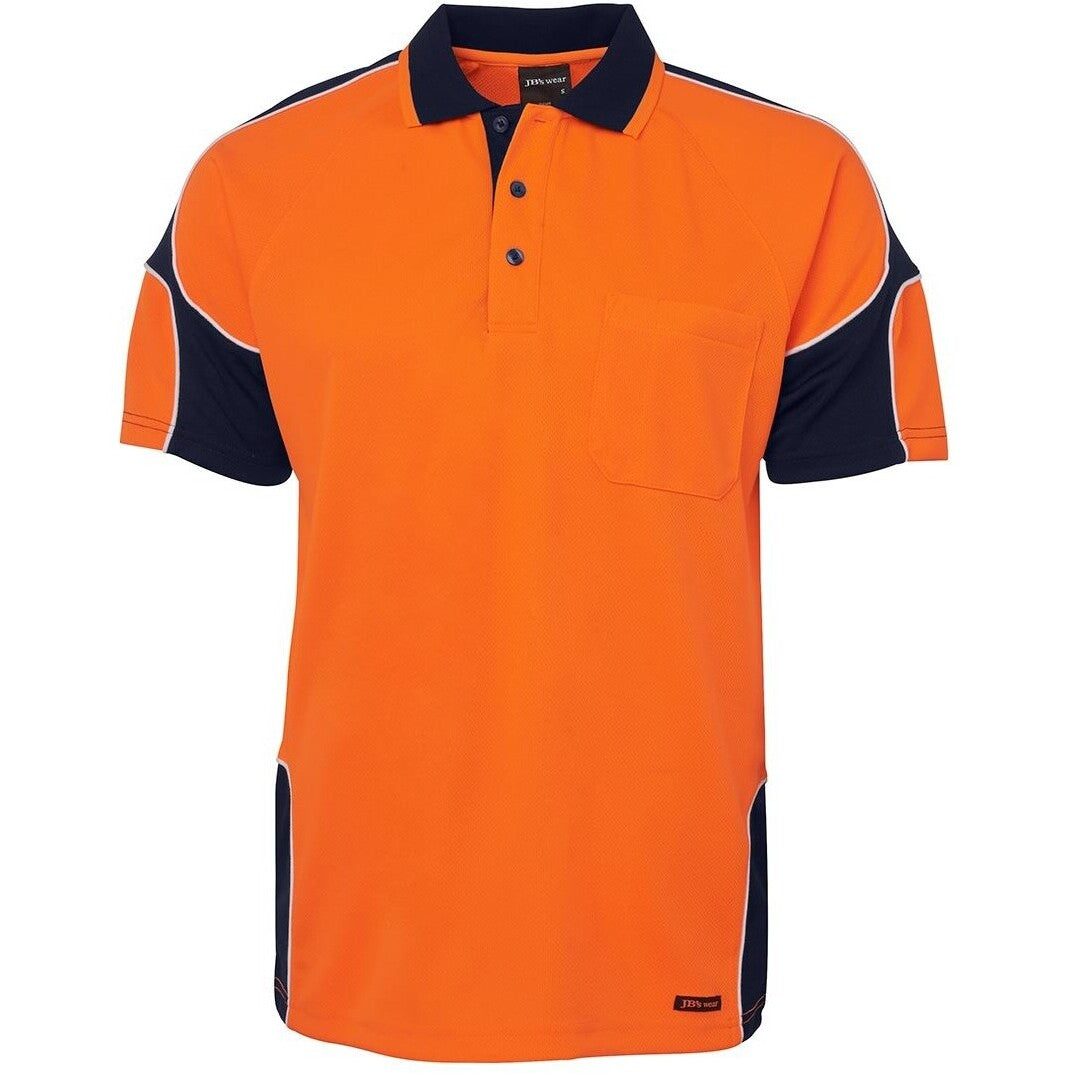 JB's Wear 6AP4S Hi Vis S/S Arm Panel Polo - Front View | color:Orange/Navy|view:front