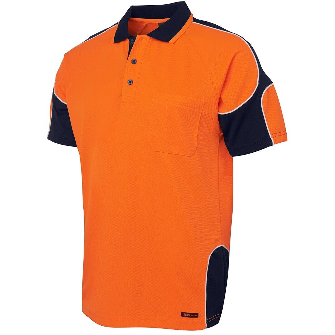 JB's Wear 6AP4S Hi Vis S/S Arm Panel Polo - Side View | color:Orange/Navy|view:side