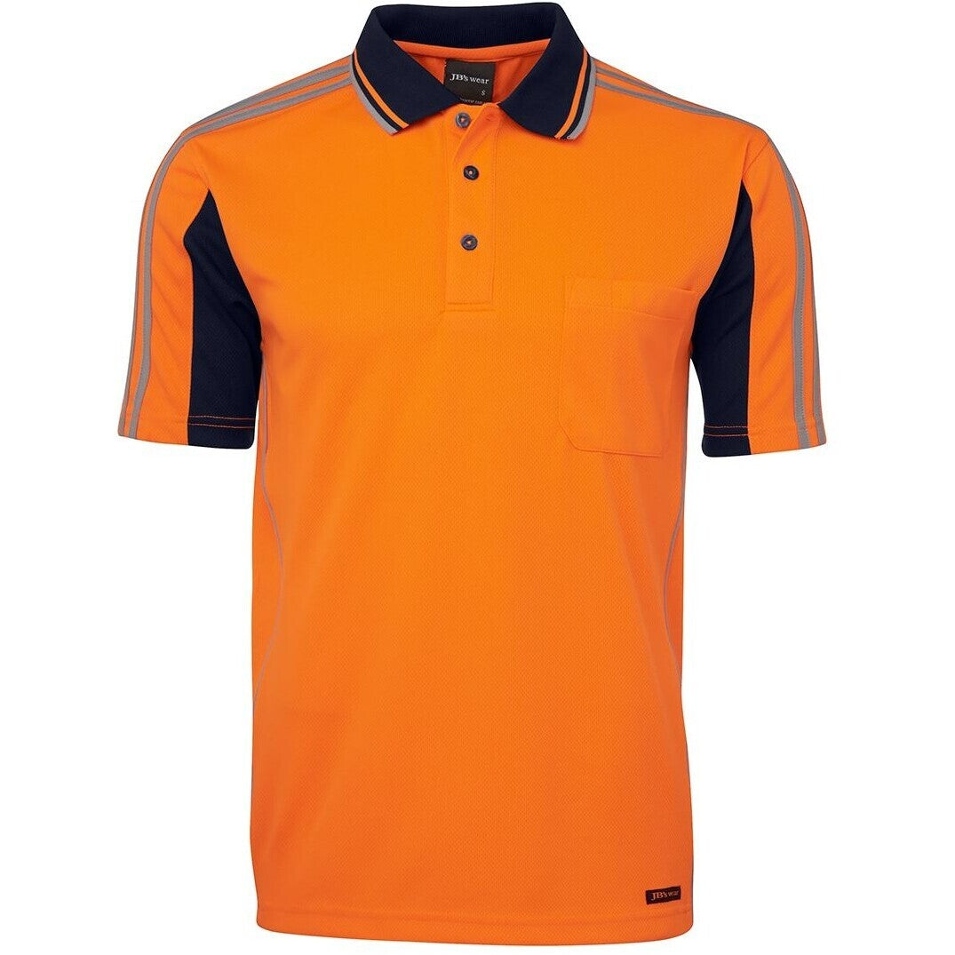 JB's Wear 6AT4S Hi Vis S/S Arm Tape Polo - Front View | color:Orange/Navy|view:front