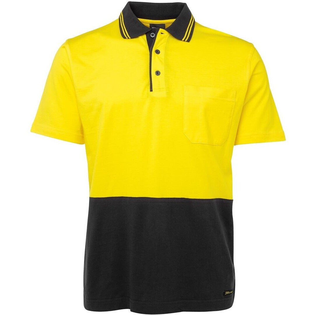 JB's Wear 6CPHV Hi Vis S/S Cotton Polo - Front View | color:Yellow/Black|view:front