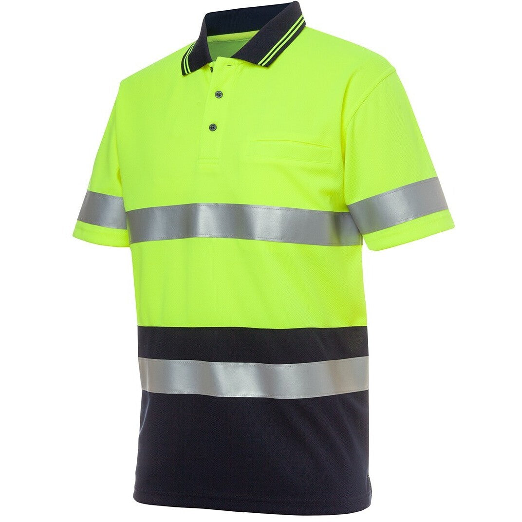 JB's Wear 6HVST Hi Vis S/S (D+N) Traditional Polo - Side View | color:Lime/Navy|view:side