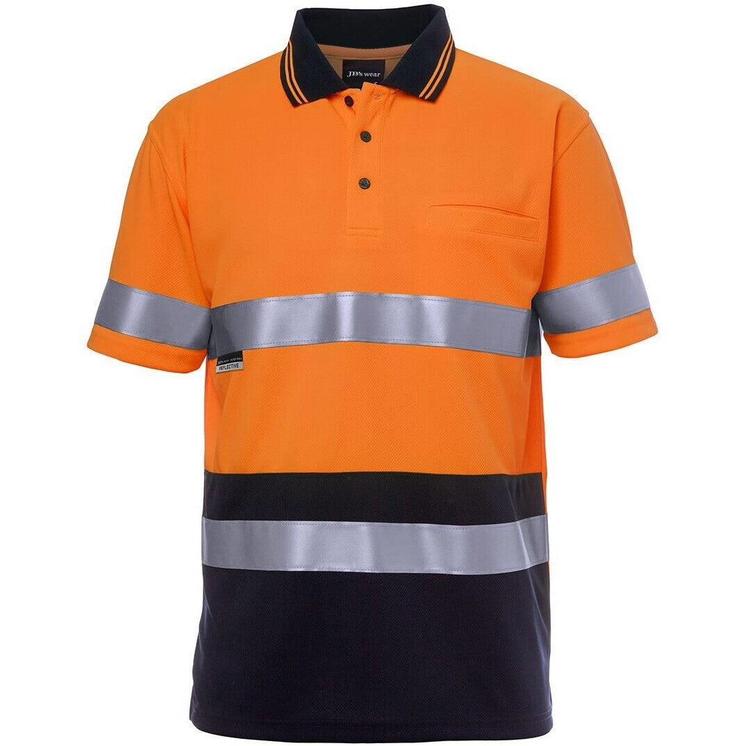 JB's Wear 6HVST Hi Vis S/S (D+N) Traditional Polo - Front View | color:Orange/Navy|view:front