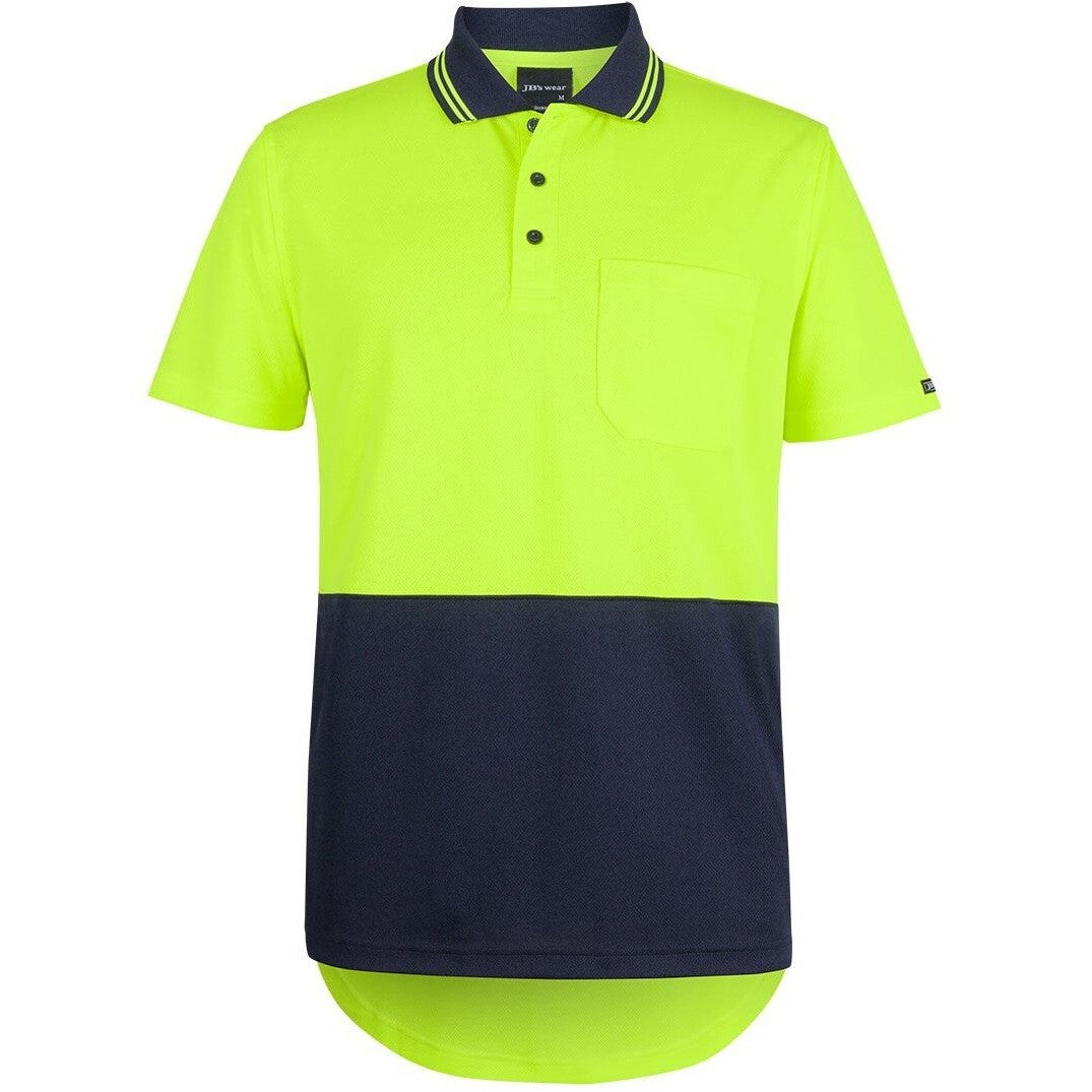 JB's Wear 6HDS Hi Vis S/S Drop Tail Polo - Front View | color:Lime/Navy|view:front