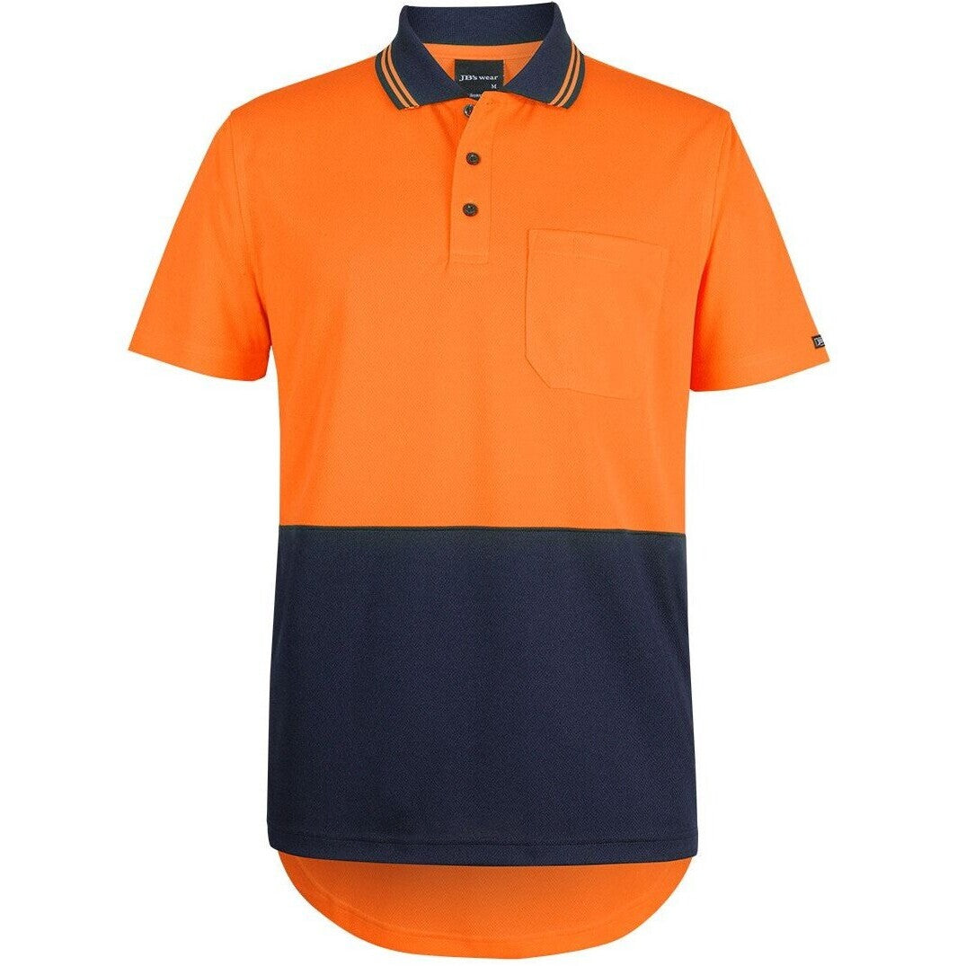 JB's Wear 6HDS Hi Vis S/S Drop Tail Polo - Front View | color:Orange/Navy|view:front