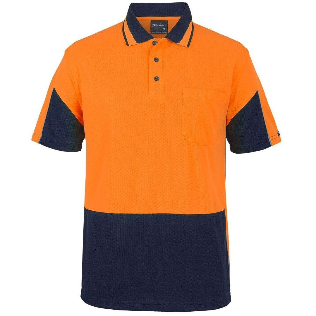 JB's Wear 6HVGS Hi Vis S/S Gap Polo - Front View | color:Orange/Navy|view:front