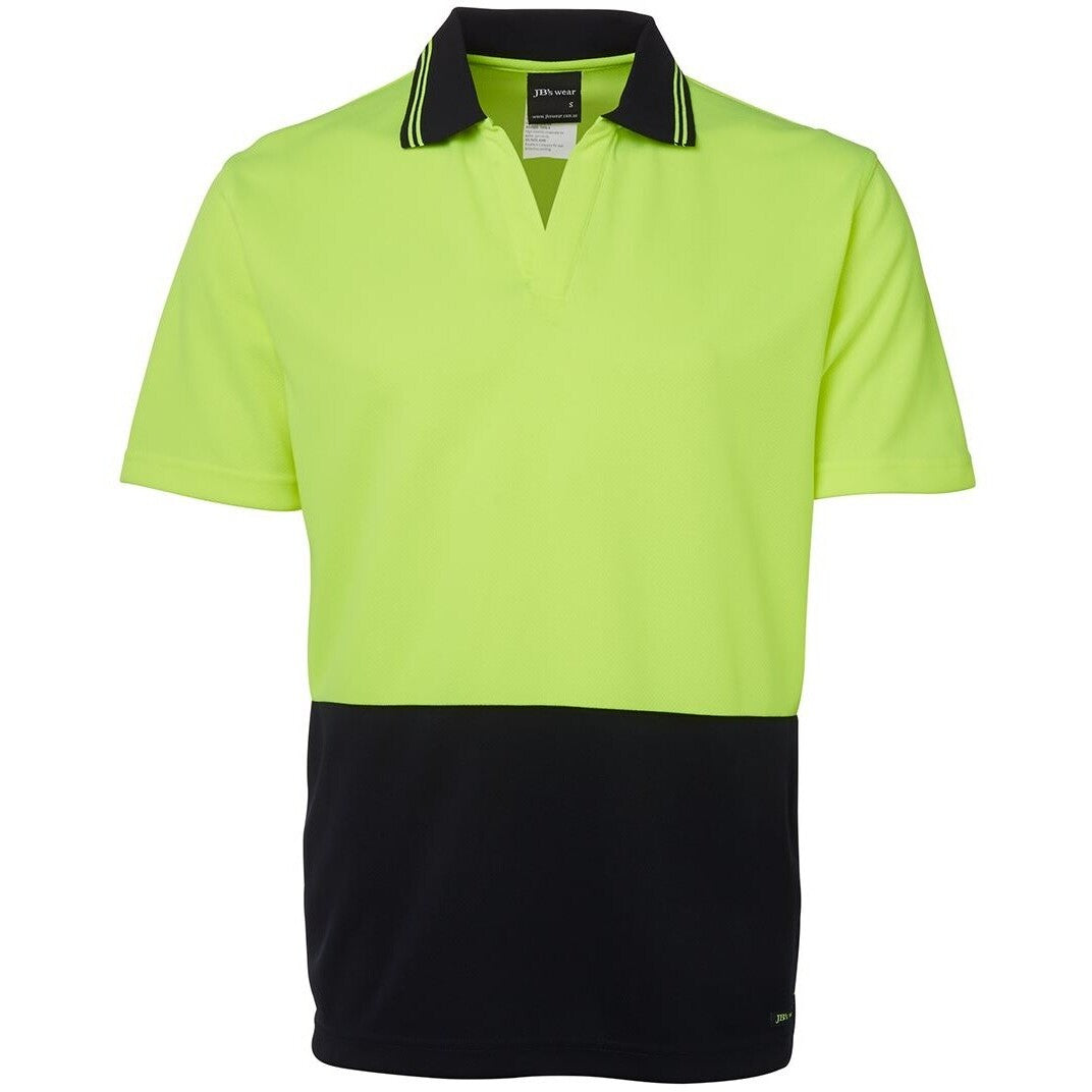 JB's Wear 6HNB Hi Vis S/S Non Button Polo - Front View | color:Lime/Navy|view:front