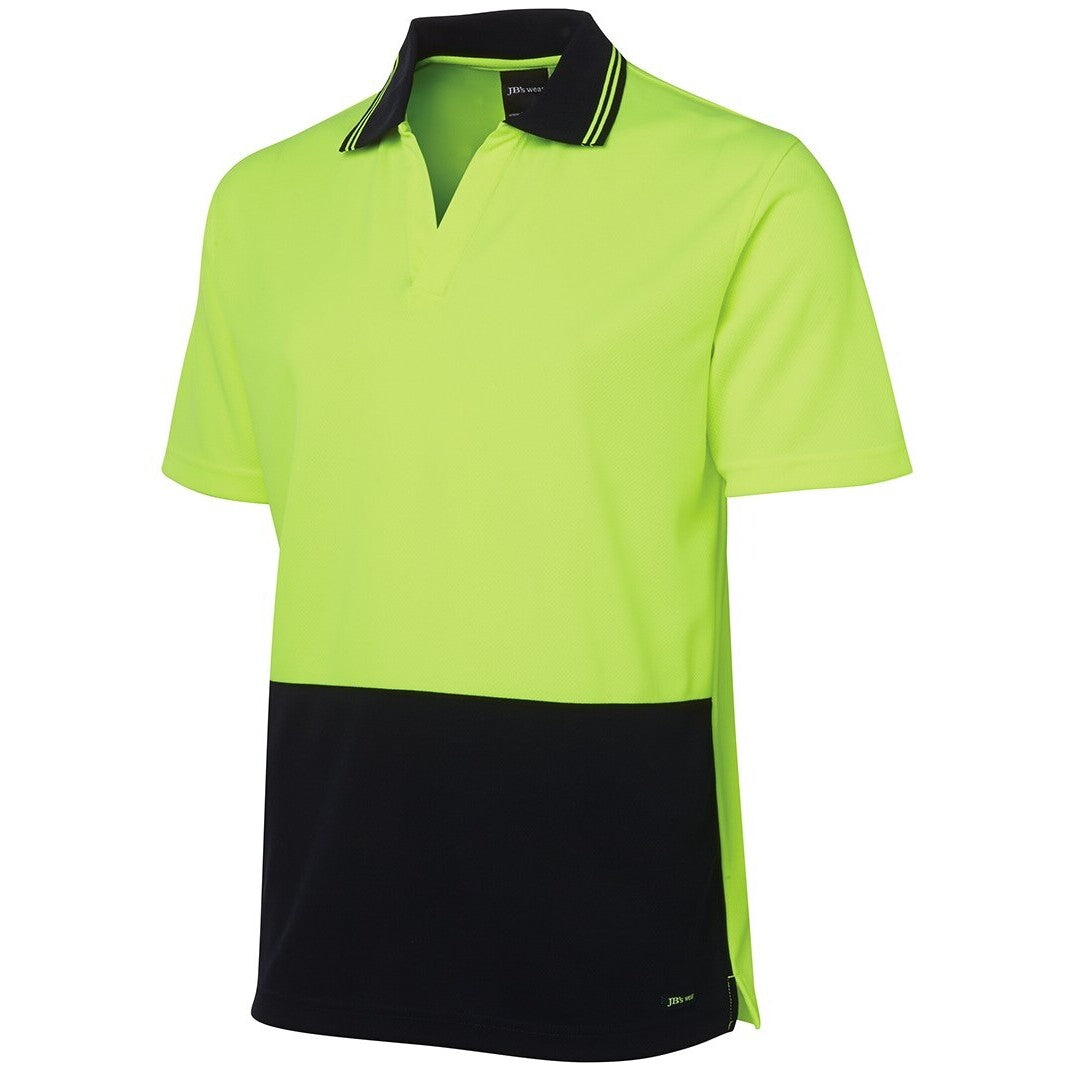 JB's Wear 6HNB Hi Vis S/S Non Button Polo - Side View | color:Lime/Navy|view:side