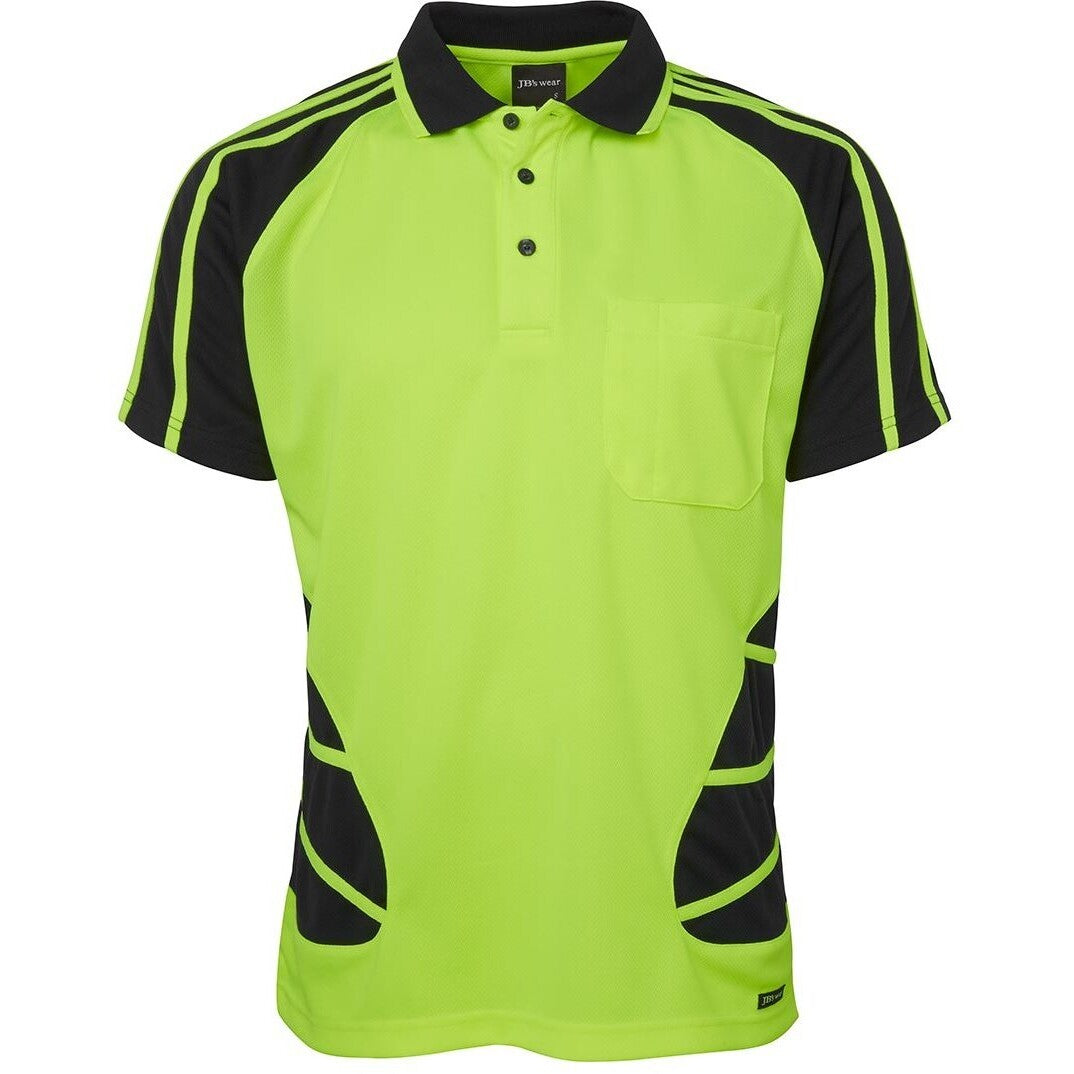 JB's Wear 6HSP Hi Vis S/S Spider Polo - Front View | color:Lime/Black|view:front
