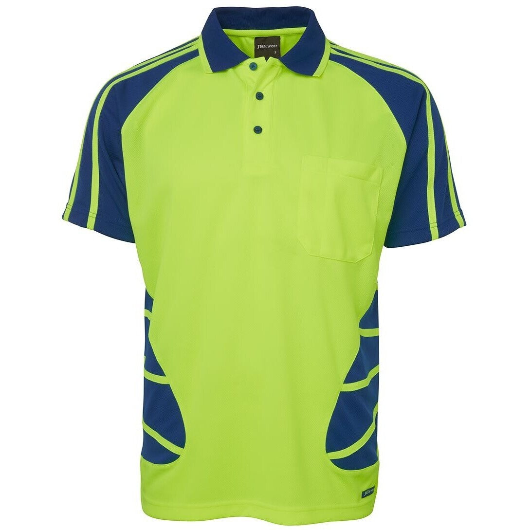 JB's Wear 6HSP Hi Vis S/S Spider Polo - Front View | color:Lime/Royal|view:front