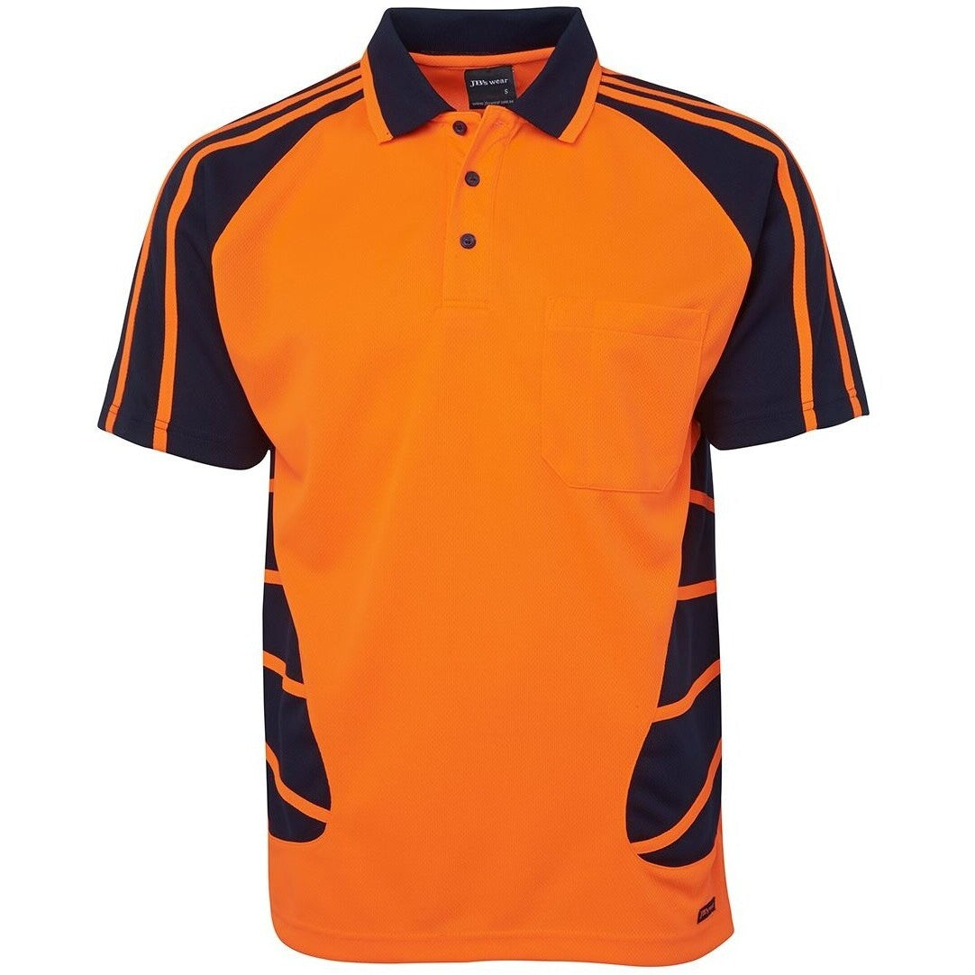 JB's Wear 6HSP Hi Vis S/S Spider Polo - Front View | color:Orange/Navy|view:front