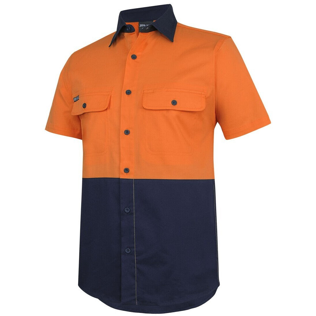 JB's Wear 6HSWS Hi Vis S/S Stretch Work Shirt - Side View | color:Orange/Navy|view:side