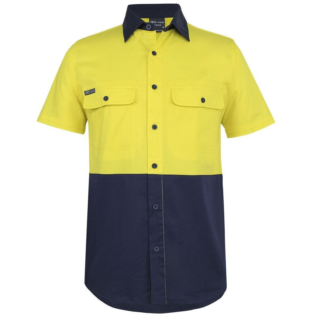 JB's Wear 6HSWS Hi Vis S/S Stretch Work Shirt - Front View | color:Yellow/Navy|view:front