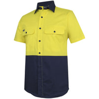 JB's Wear 6HSWS Hi Vis S/S Stretch Work Shirt - Side View | color:Yellow/Navy|view:side