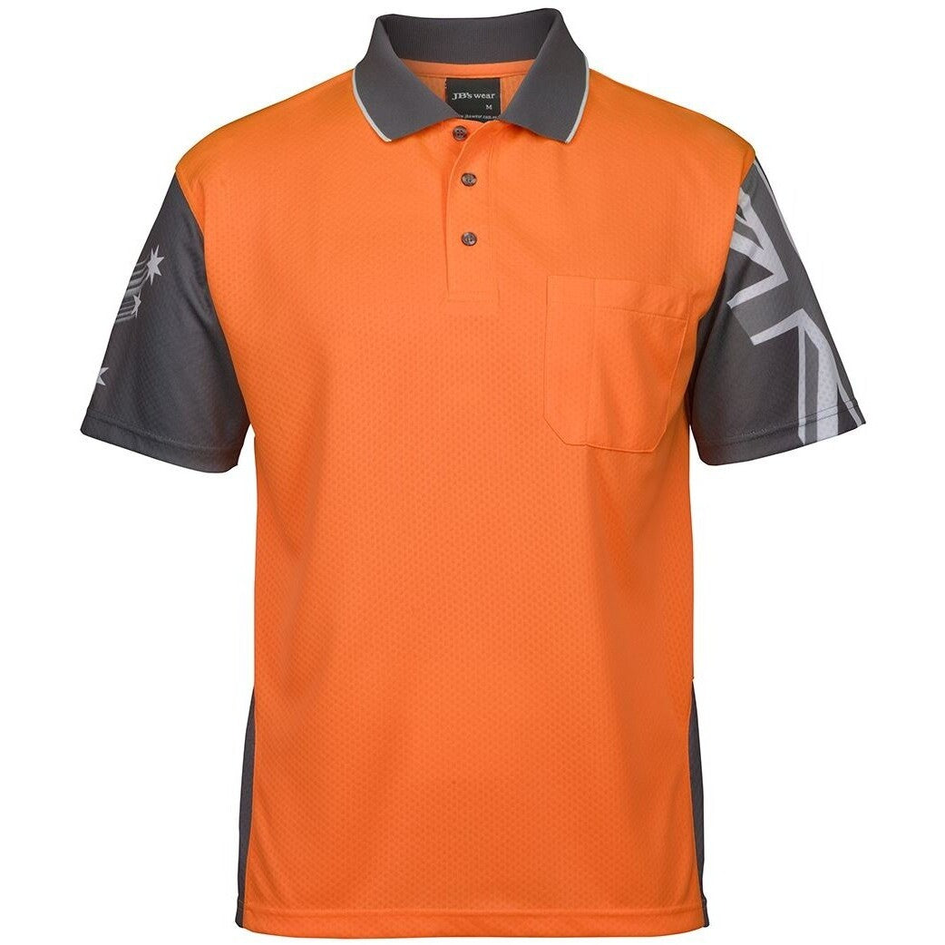 JB's Wear 6HSC Hi Vis Southern Cross Polo - Front View | color:Orange/Charcoal|view:front
