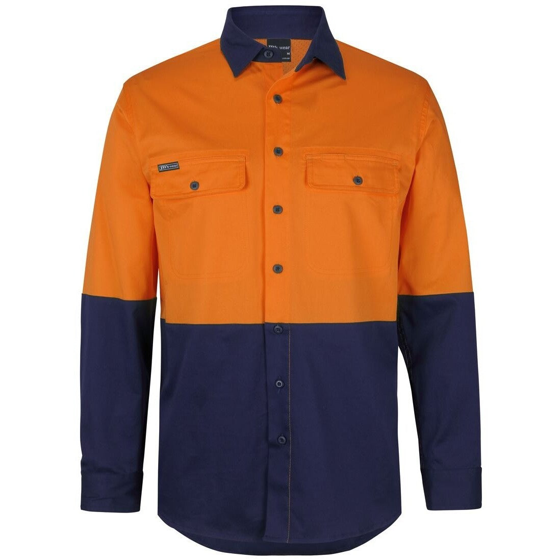 JB's Wear 6HSWL JB'S Hi Vis L/S Stretch Work Shirt - Front View | color:Orange/Navy|view:front