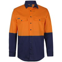 JB's Wear 6HSWL JB'S Hi Vis L/S Stretch Work Shirt - Front View | color:Orange/Navy|view:front