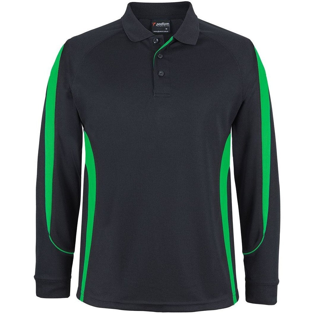JB's Wear 7BELL L/S Bell Polo - Front View | color:Black/Pea Green|view:front