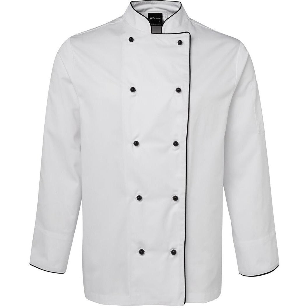 JB's Wear 5CJ L/S Chefs Jacket - Front View | color:White/ Black Piping|view:front