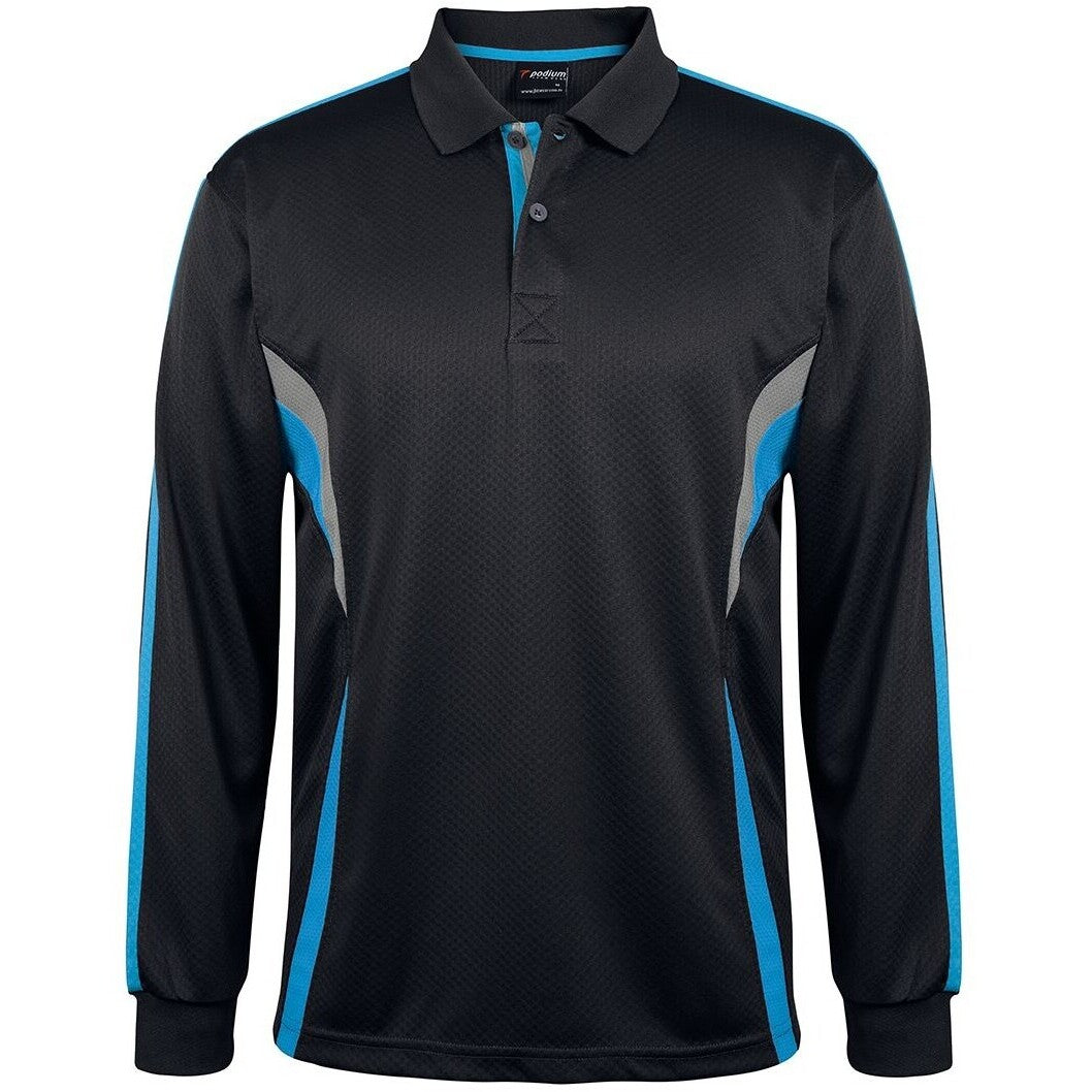 JB's Wear 7CLP L/S Cool Polo - Front View | color:Black/Aqua/Grey|view:front