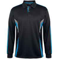 JB's Wear 7CLP L/S Cool Polo - Front View | color:Black/Aqua/Grey|view:front