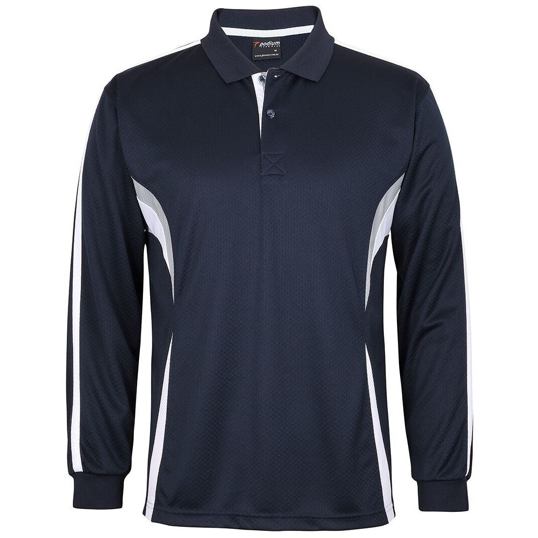 JB's Wear 7CLP L/S Cool Polo - Front View | color:Navy/White/Grey|view:front