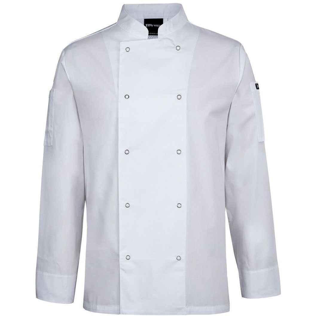 JB's Wear 5CJL L/S Snap Button Chefs Jacket - Front View | color:White|view:front