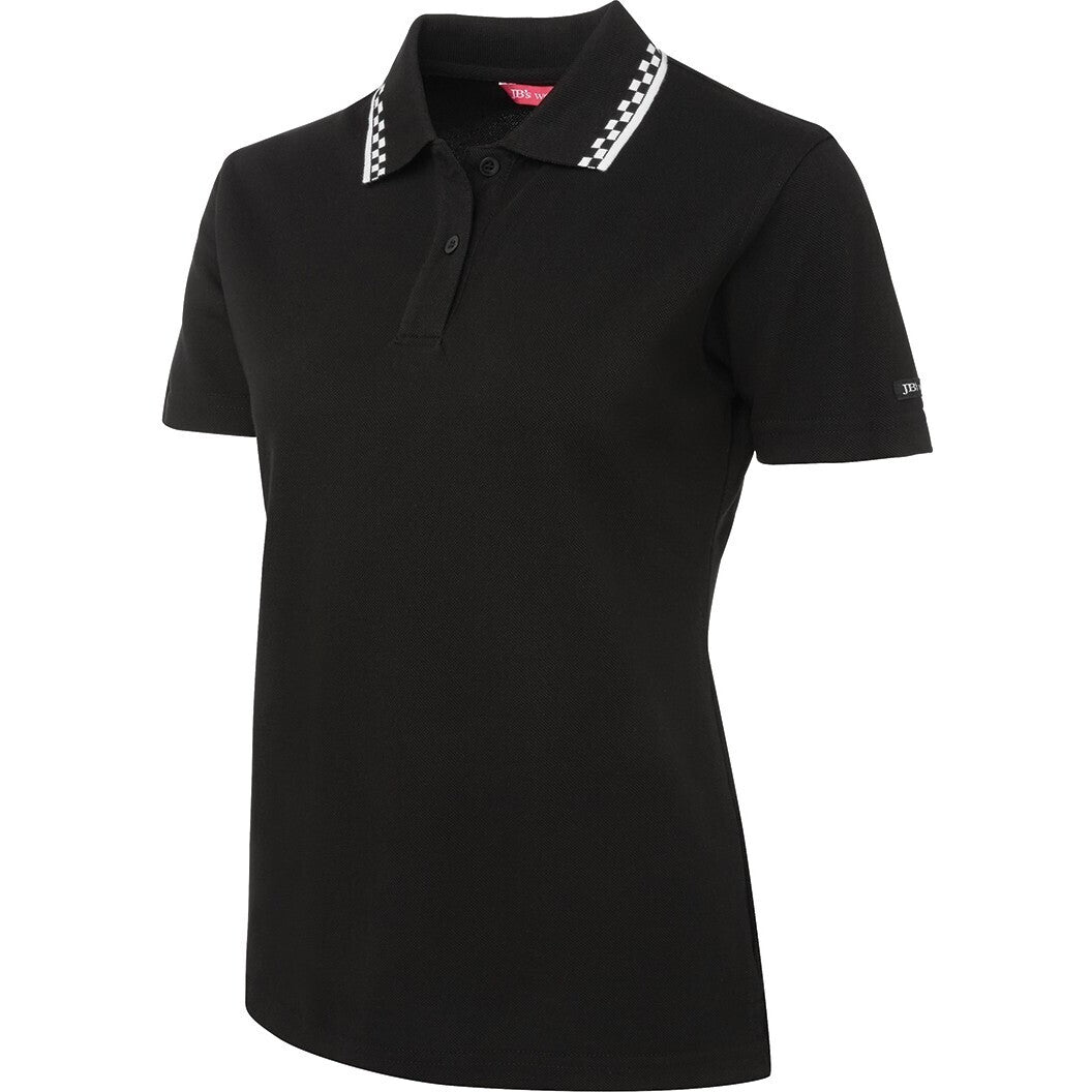 JB's Wear 5LP Ladies Chef Polo - Side View | color:Black/White|view:side