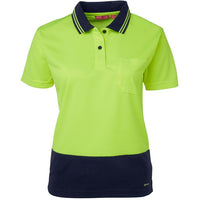 JB's Wear 6LHCP Ladies Hi Vis S/S Comfort Polo - Front View | color:Lime/Navy|view:front