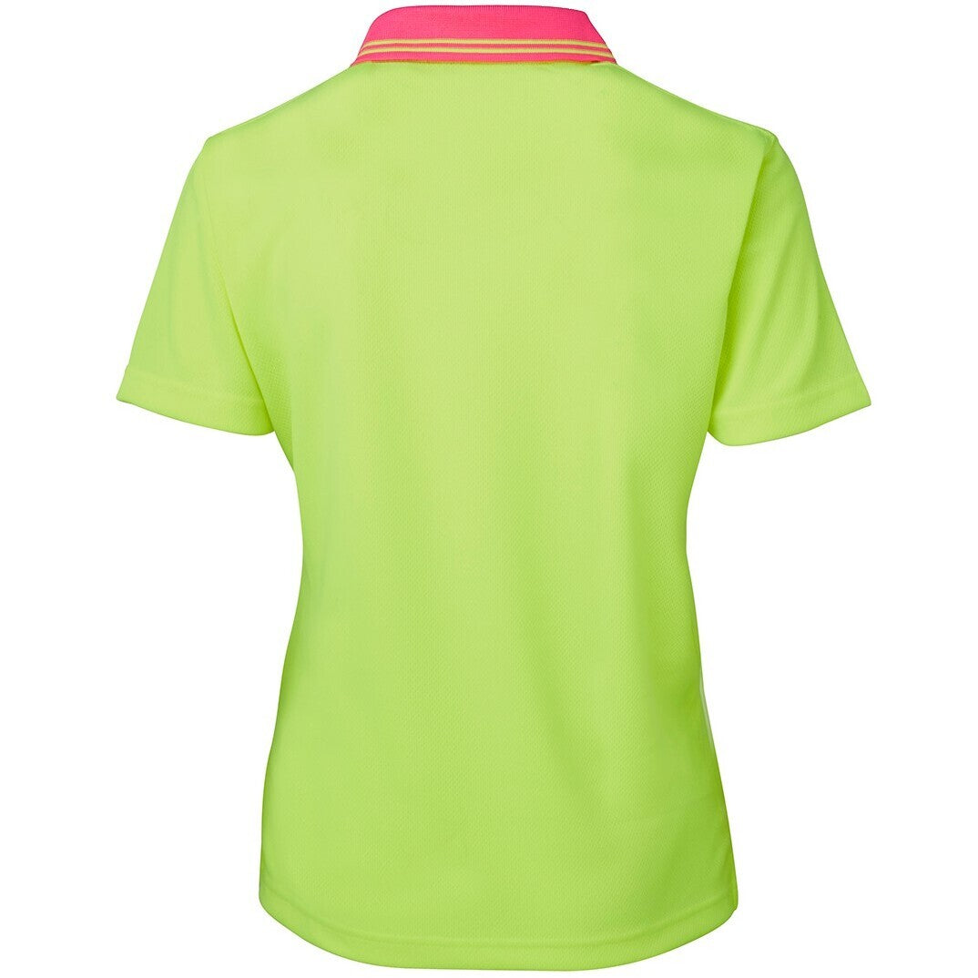 JB's Wear 6LHCP Ladies Hi Vis S/S Comfort Polo - Back View | color:Lime/Pink|view:back