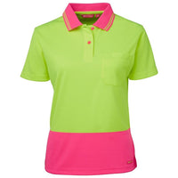 JB's Wear 6LHCP Ladies Hi Vis S/S Comfort Polo - Front View | color:Lime/Pink|view:front