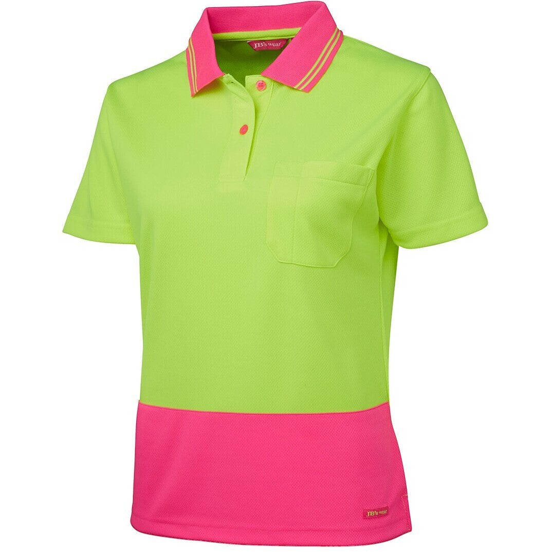 JB's Wear 6LHCP Ladies Hi Vis S/S Comfort Polo - Side View | color:Lime/Pink|view:side