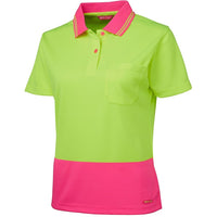 JB's Wear 6LHCP Ladies Hi Vis S/S Comfort Polo - Side View | color:Lime/Pink|view:side