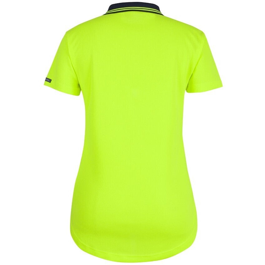 JB's Wear 6HDS1 Ladies Hi Vis S/S Drop Tail Polo - Back View | color:Lime/Navy|view:back